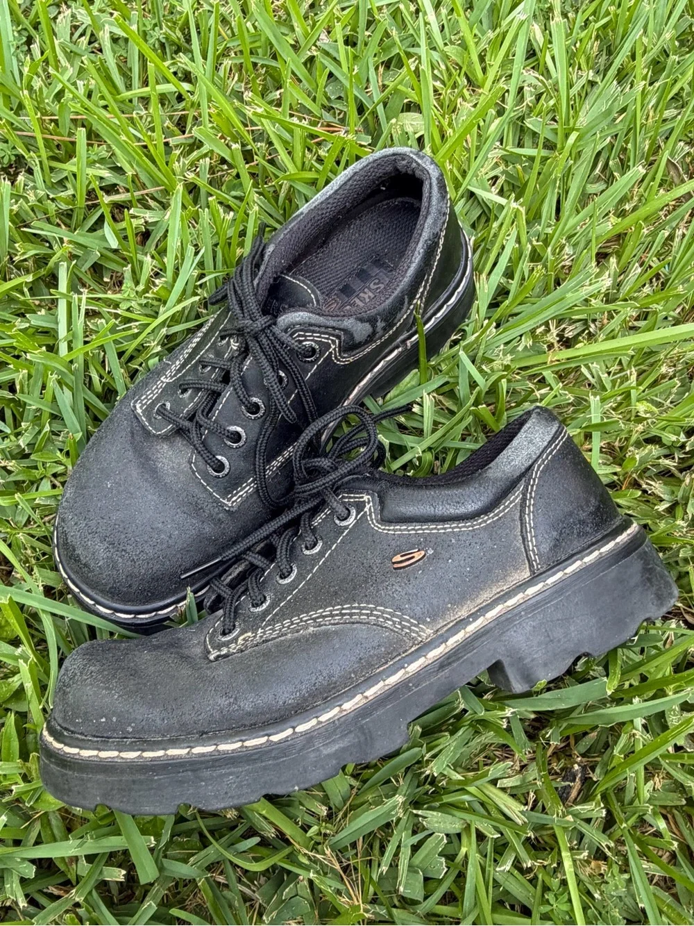 Vintage Skechers Black Suede Leather Platform Lace Up Shoes Size 6.5